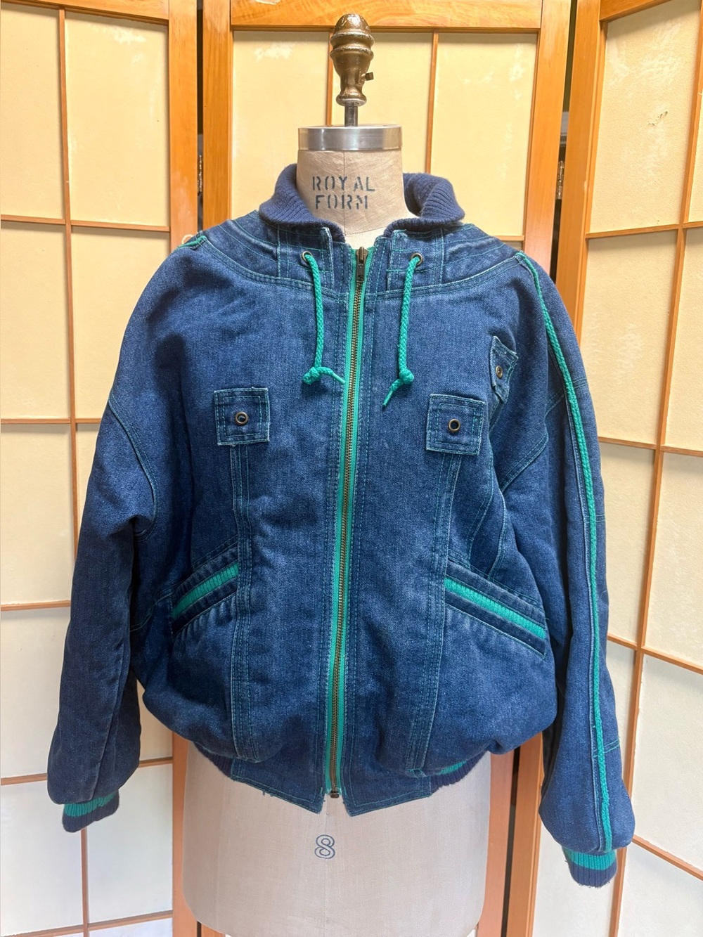 Vintage 90s Daniel Denim Bomber Jacket Green Contrast Fleece Lined Streetwear S